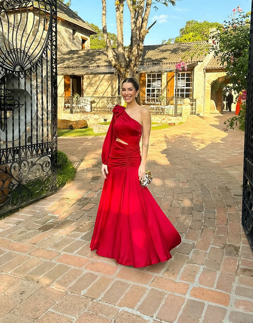 Red Cut Out Floral One Shoulder Satin Long Prom Dress with Slit