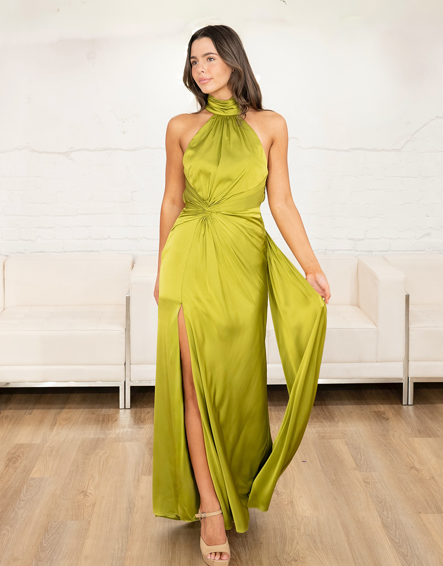 Olive Sheath High Neck Satin Long Prom Dress with Side Cape