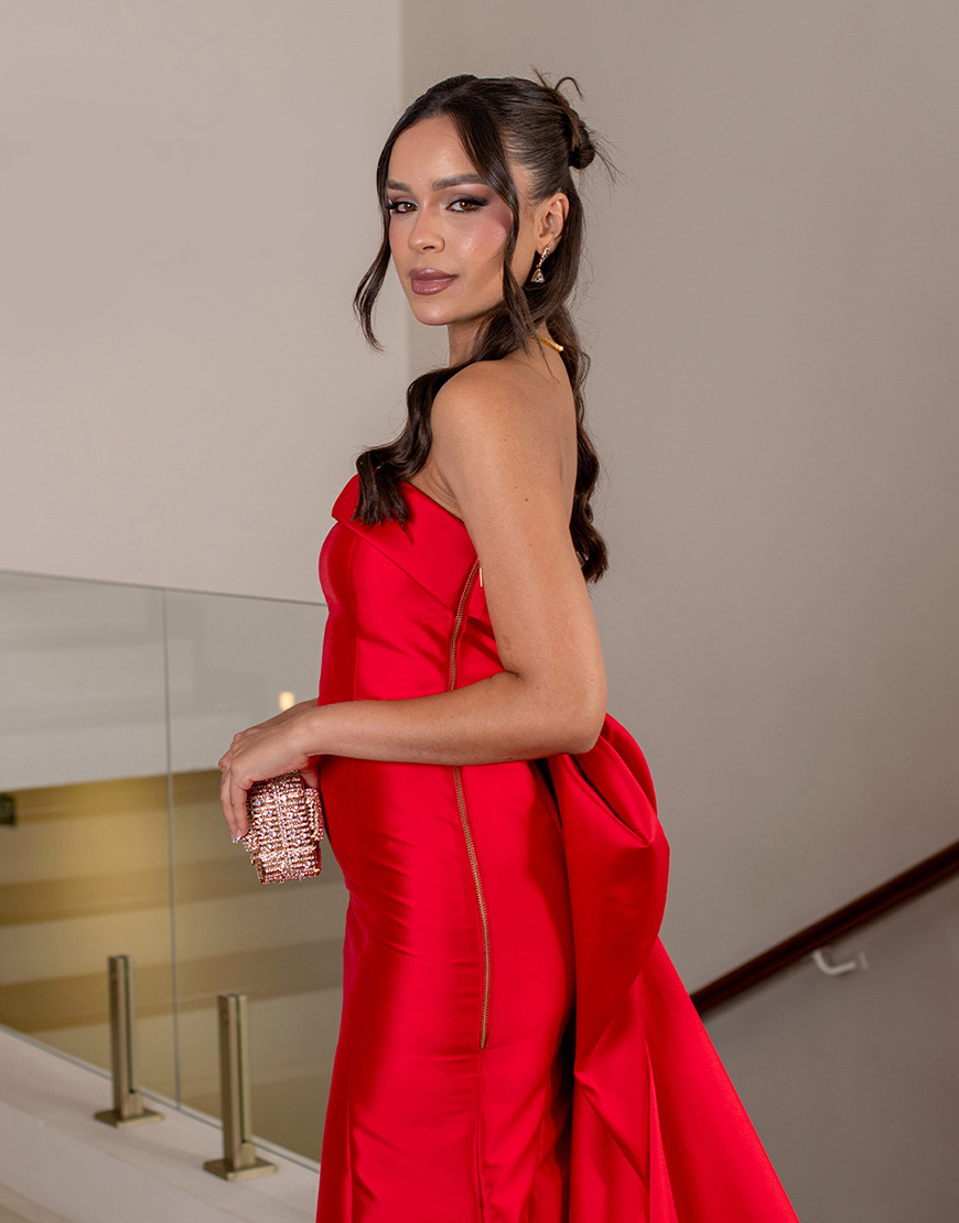 Red Satin Strapless Mermaid Long Prom Dress with Cape