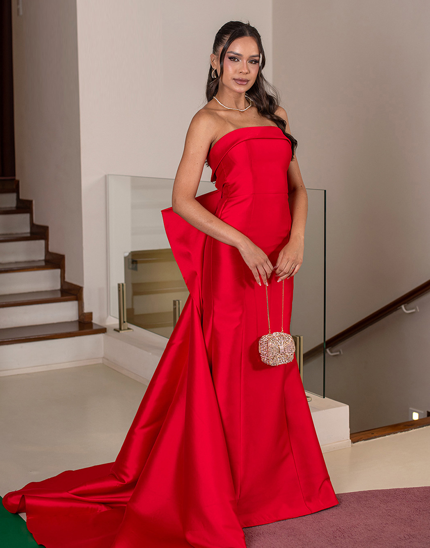 Red Satin Strapless Mermaid Long Prom Dress with Cape