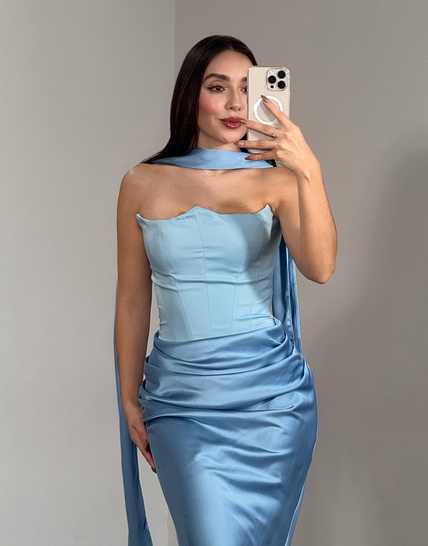 Blue Corset Satin Mermaid Strapless Neck Scarf Long Prom Dress