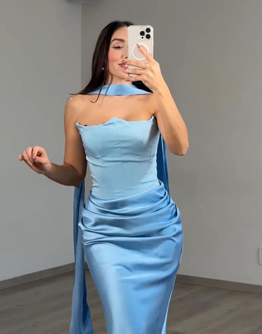Blue Corset Satin Mermaid Strapless Neck Scarf Long Prom Dress