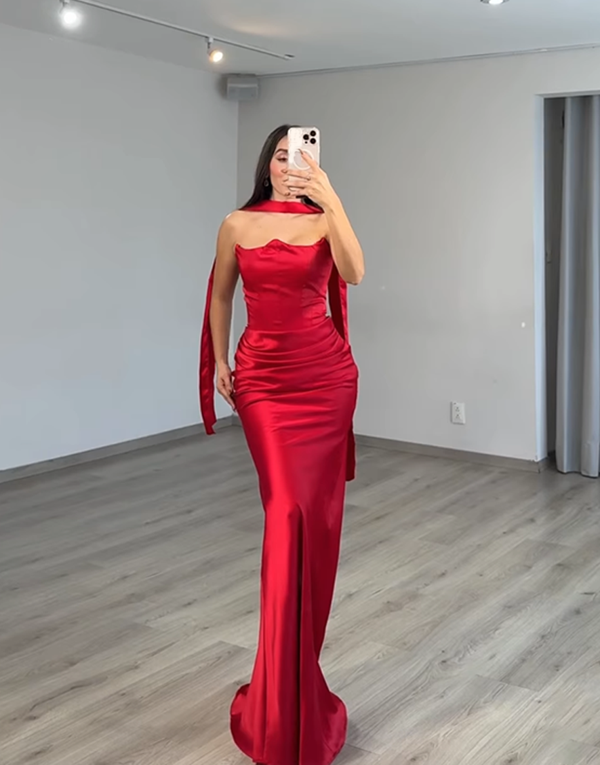 Blue Corset Satin Mermaid Strapless Neck Scarf Long Prom Dress