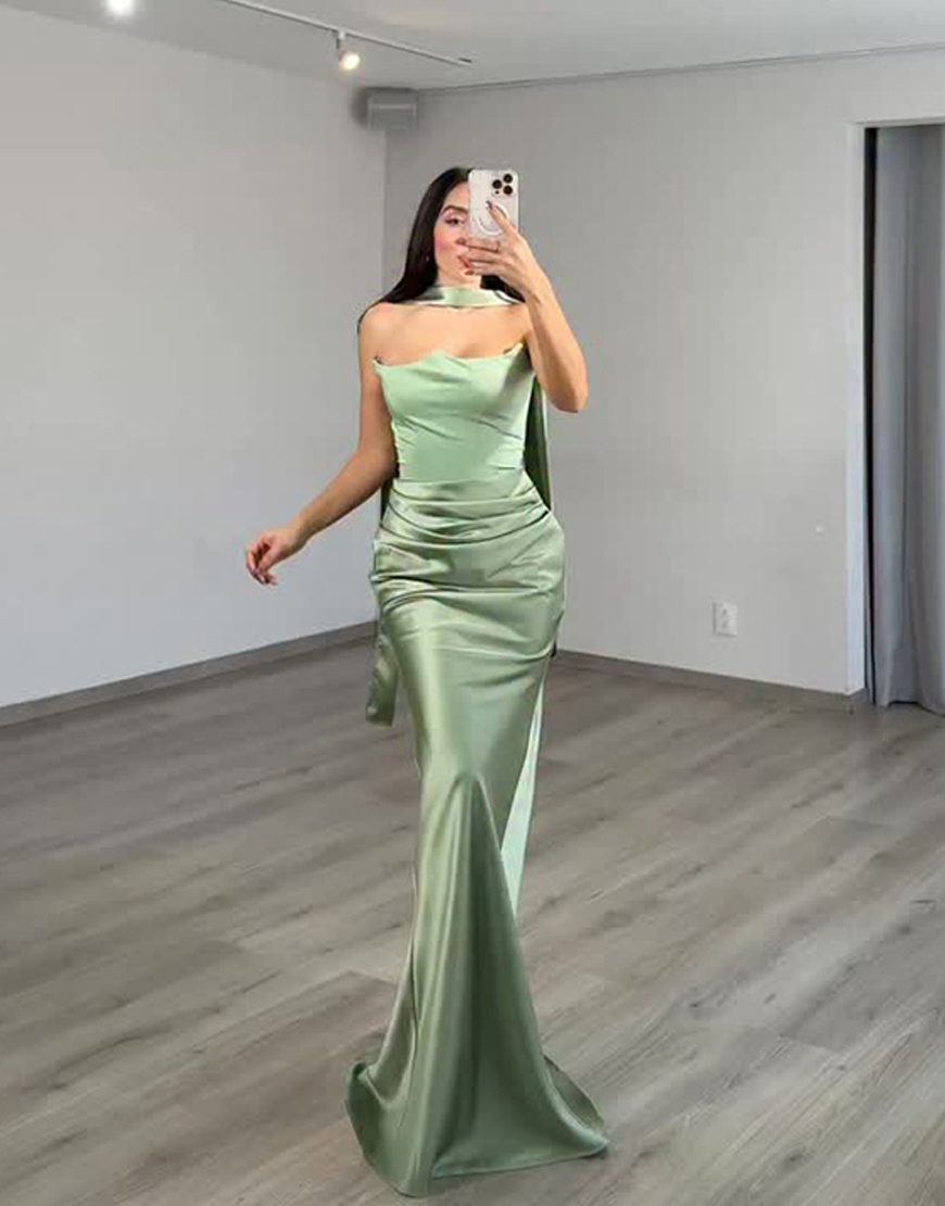 Blue Corset Satin Mermaid Strapless Neck Scarf Long Prom Dress