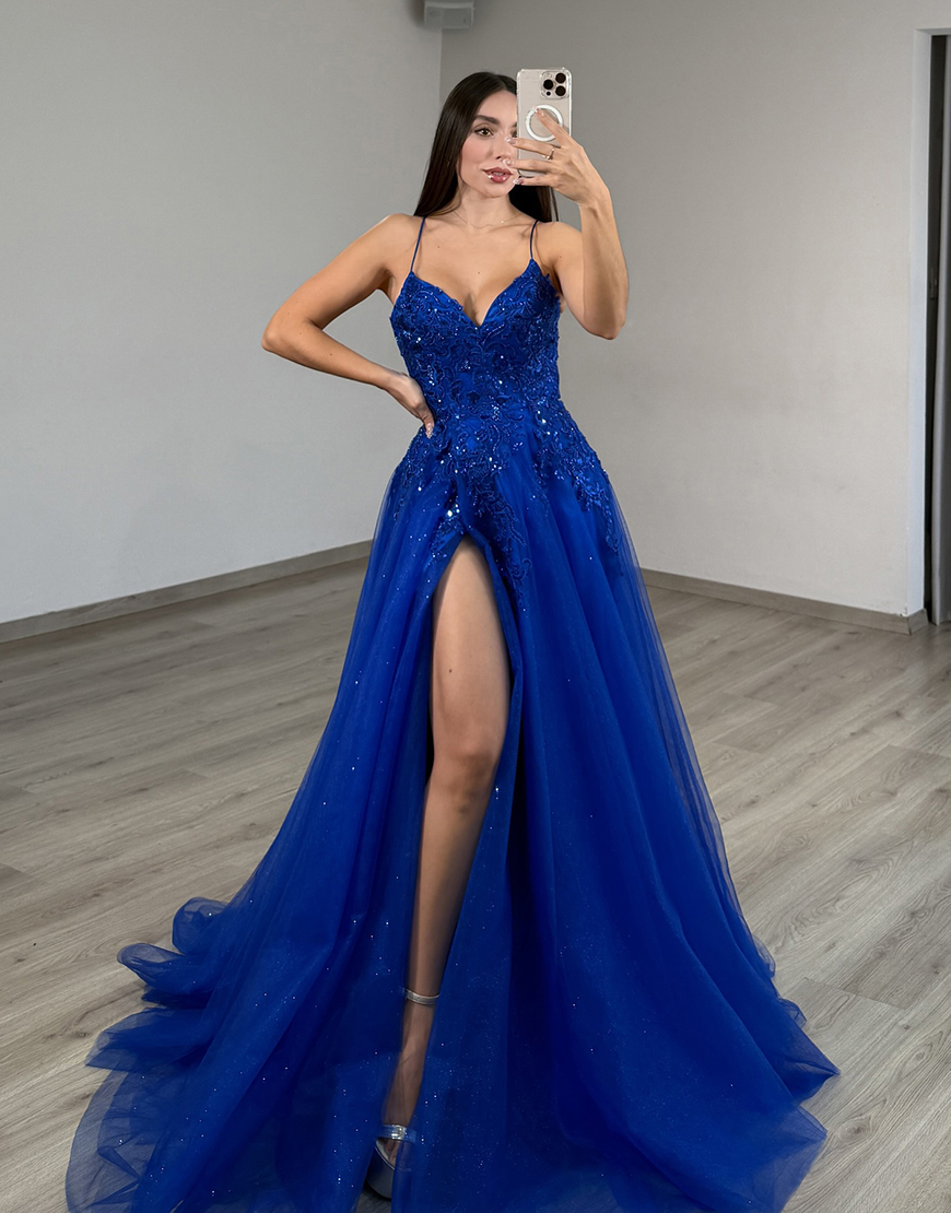 Sparkly Royal Blue Tulle Beaded V-Neck Long Prom Dress with Slit