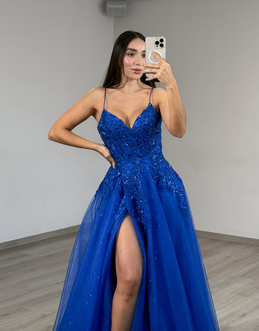 Sparkly Royal Blue Tulle Beaded V-Neck Long Prom Dress with Slit