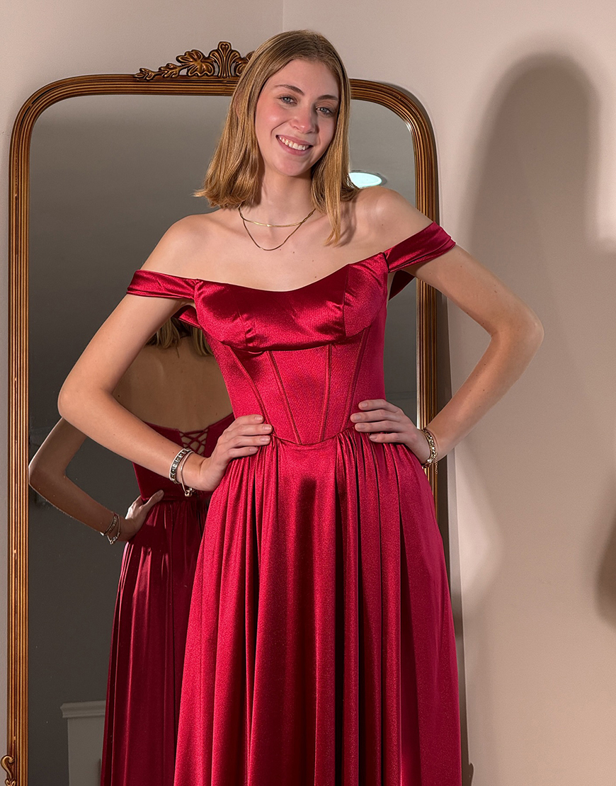 Simple Red Satin Corset Detachable Straps A Line Long Prom Dress