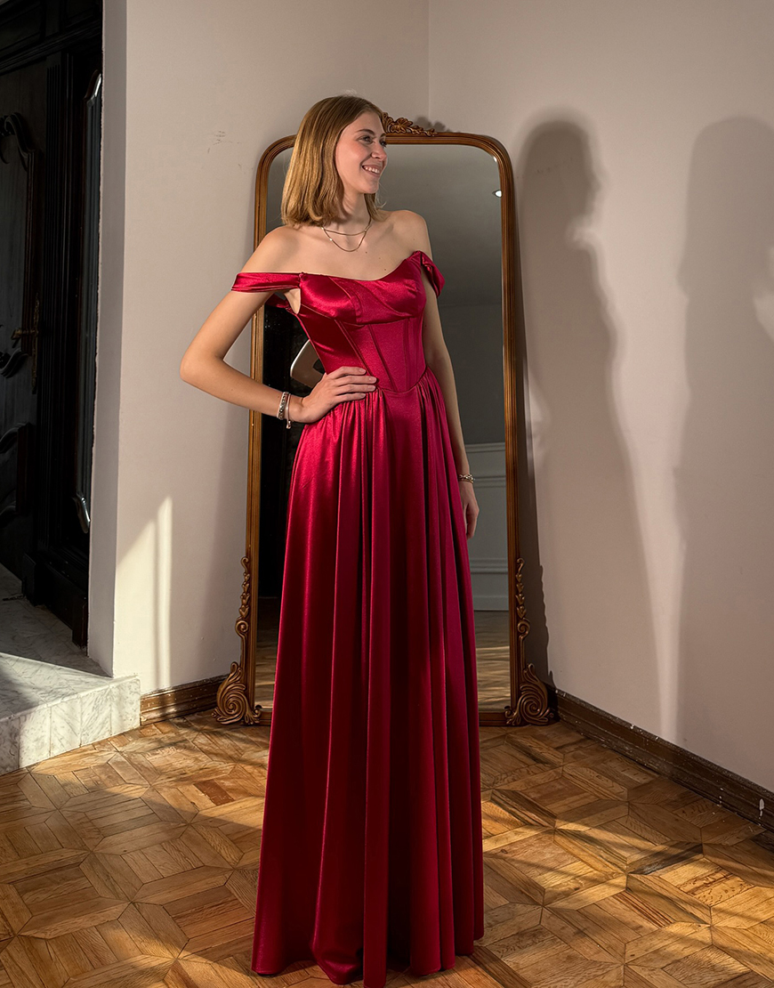 Simple Red Satin Corset Detachable Straps A Line Long Prom Dress