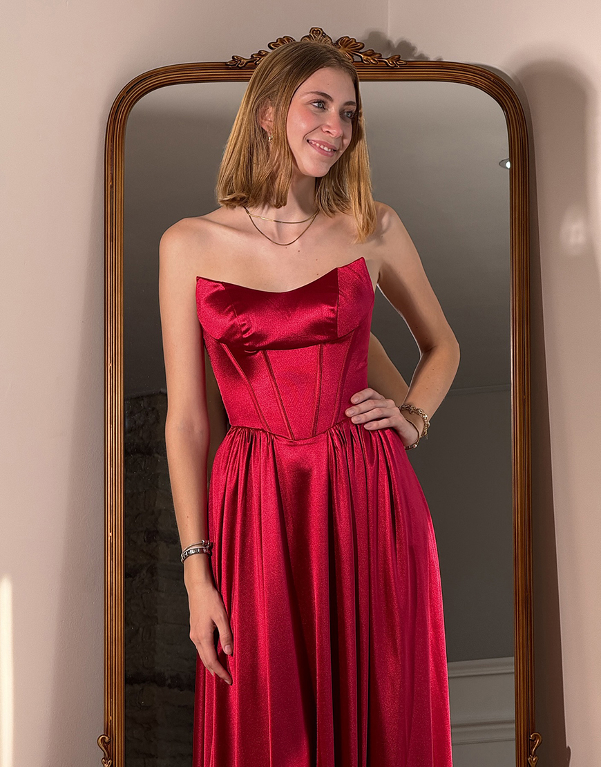 Simple Red Satin Corset Detachable Straps A Line Long Prom Dress