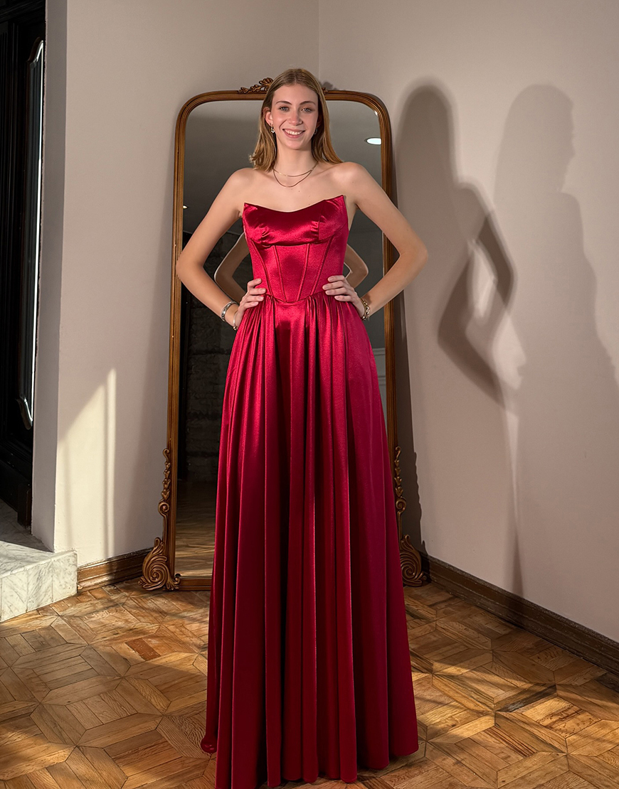 Simple Red Satin Corset Detachable Straps A Line Long Prom Dress