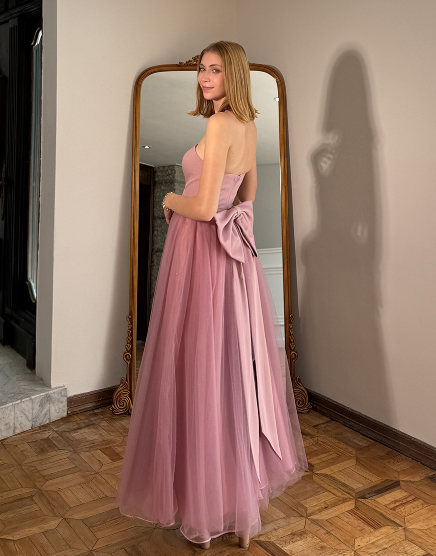 Blush A Line Organza Corset Strapless Long Prom Dress with Bow