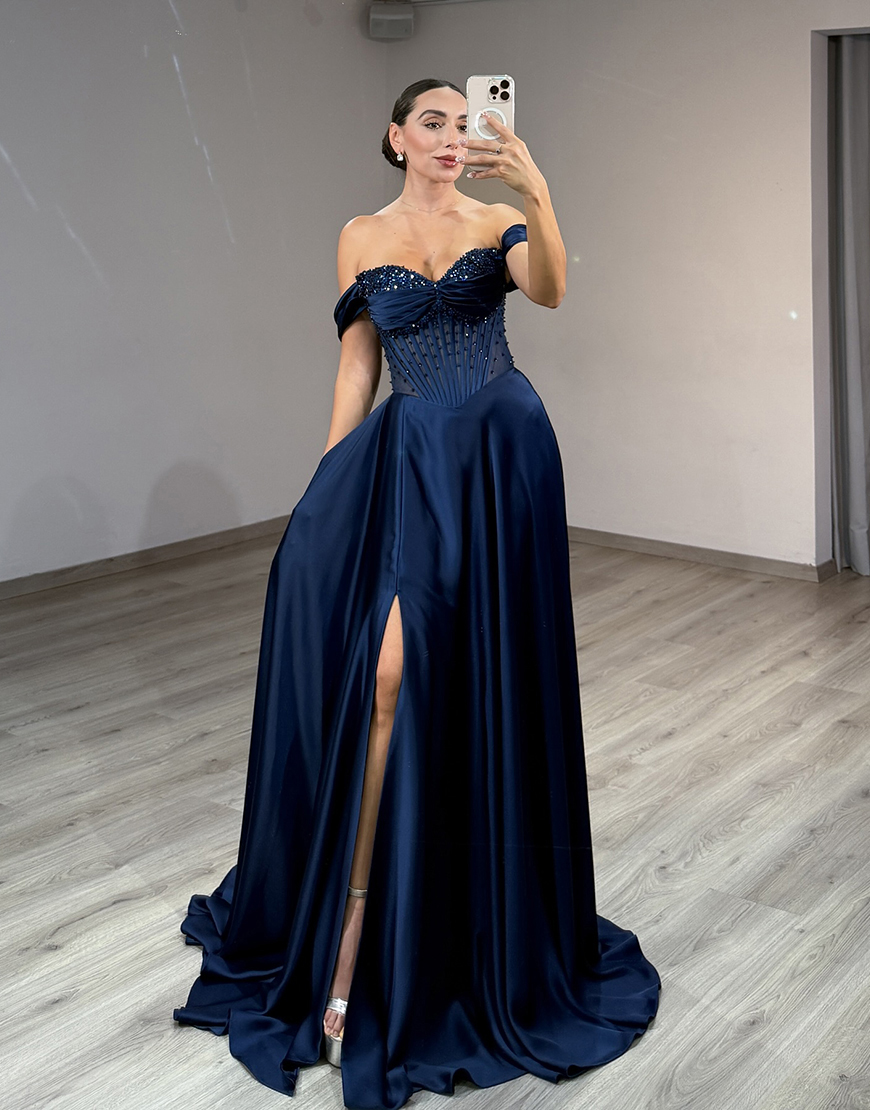 Sparkly Navy Off the Shoulder Satin Corset A Line Long Prom Dress with Slit