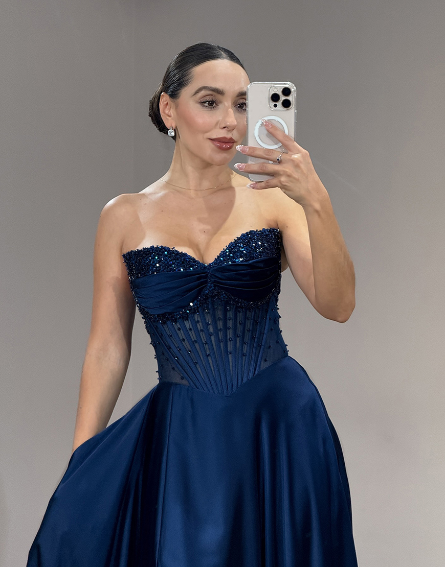 Sparkly Navy Off the Shoulder Satin Corset A Line Long Prom Dress with Slit
