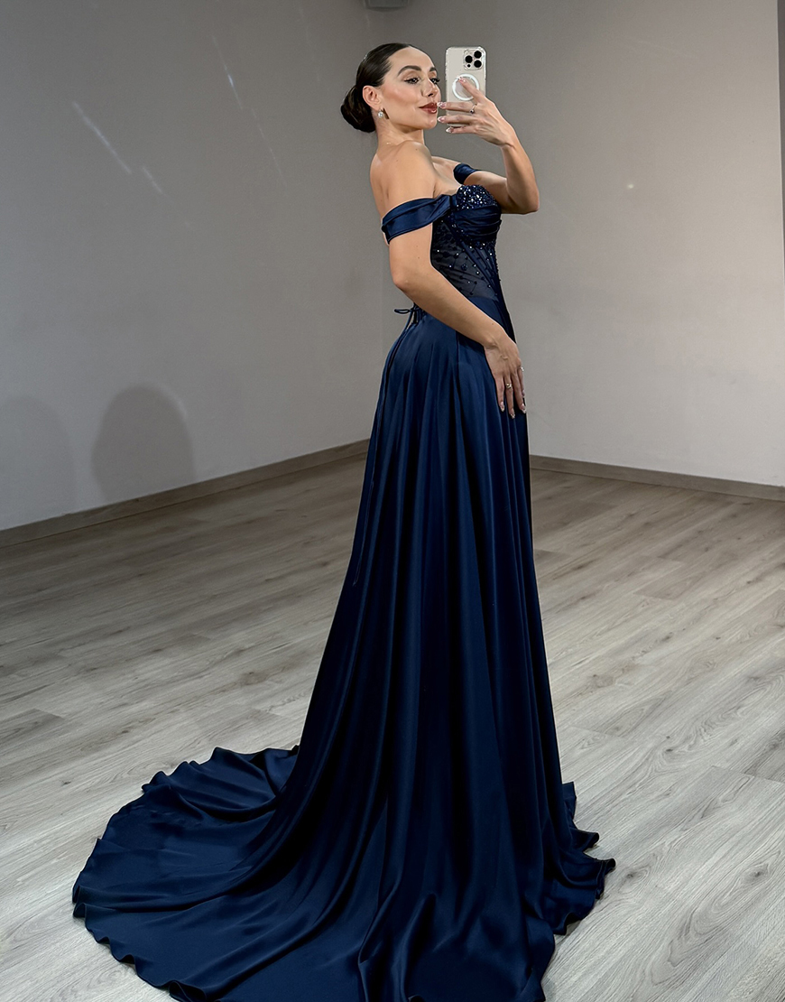 Sparkly Navy Off the Shoulder Satin Corset A Line Long Prom Dress with Slit