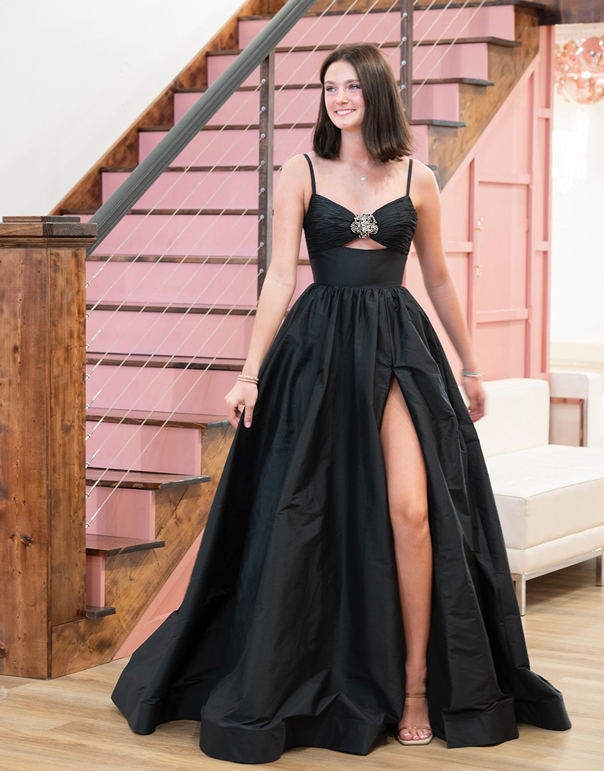 Sparkly Orange Spaghetti Straps Keyhole A Line Long Prom Dress with Slit