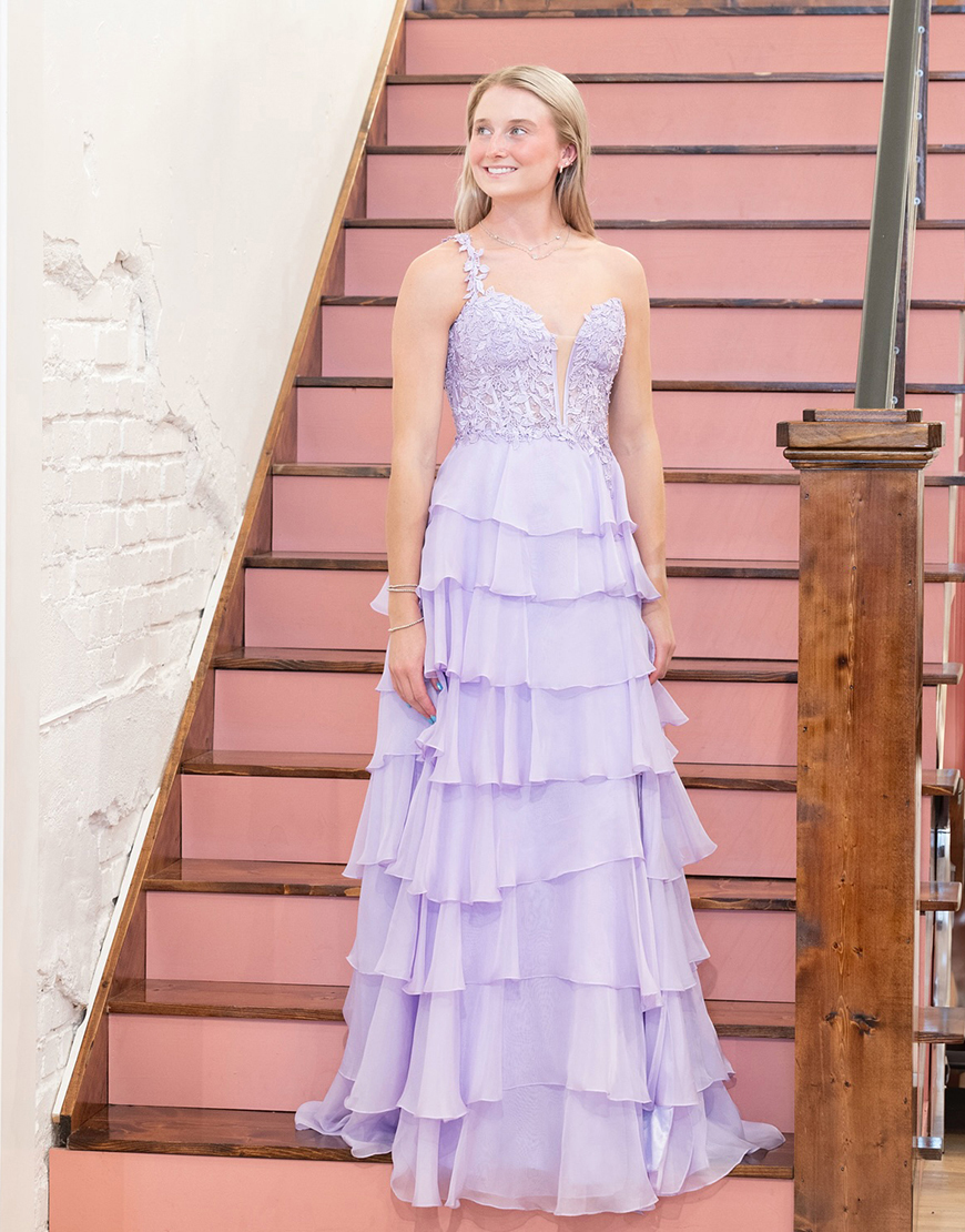 Sparkly Lilac Corset Chiffon One Shoulder Long Prom Dress with Ruffles