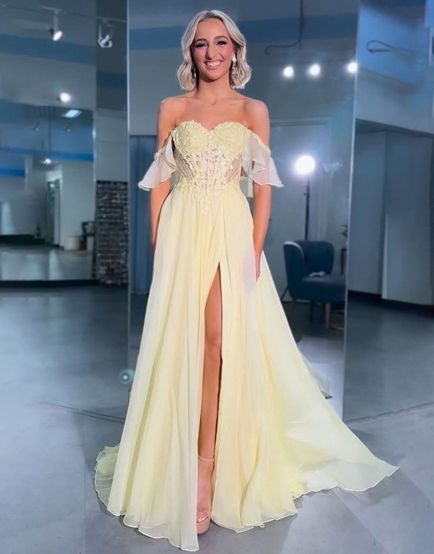 Yellow Chiffon Off the Shoulder Corset A Line Long Prom Dress with Slit