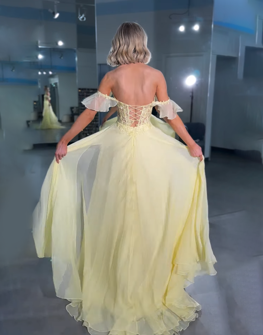 Yellow Chiffon Off the Shoulder Corset A Line Long Prom Dress with Slit