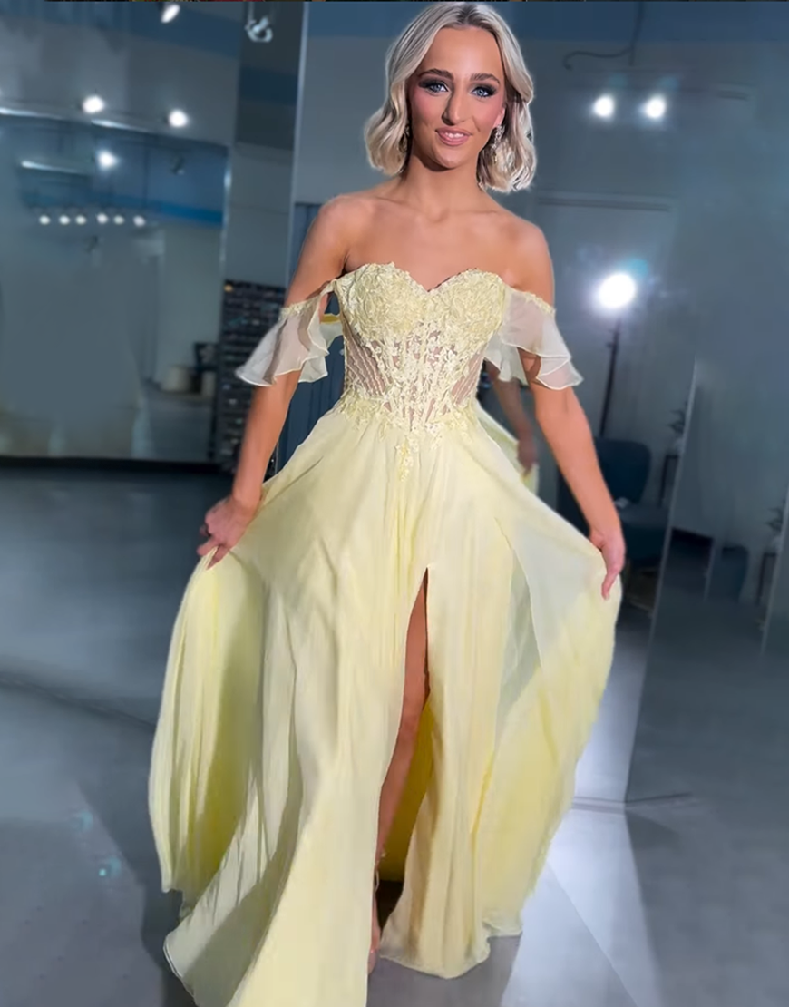 Yellow Chiffon Off the Shoulder Corset A Line Long Prom Dress with Slit