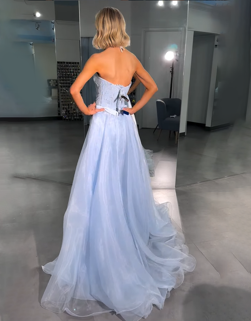 Light Blue Corset Floral Strapless Mermaid Long Prom Dress with Cape