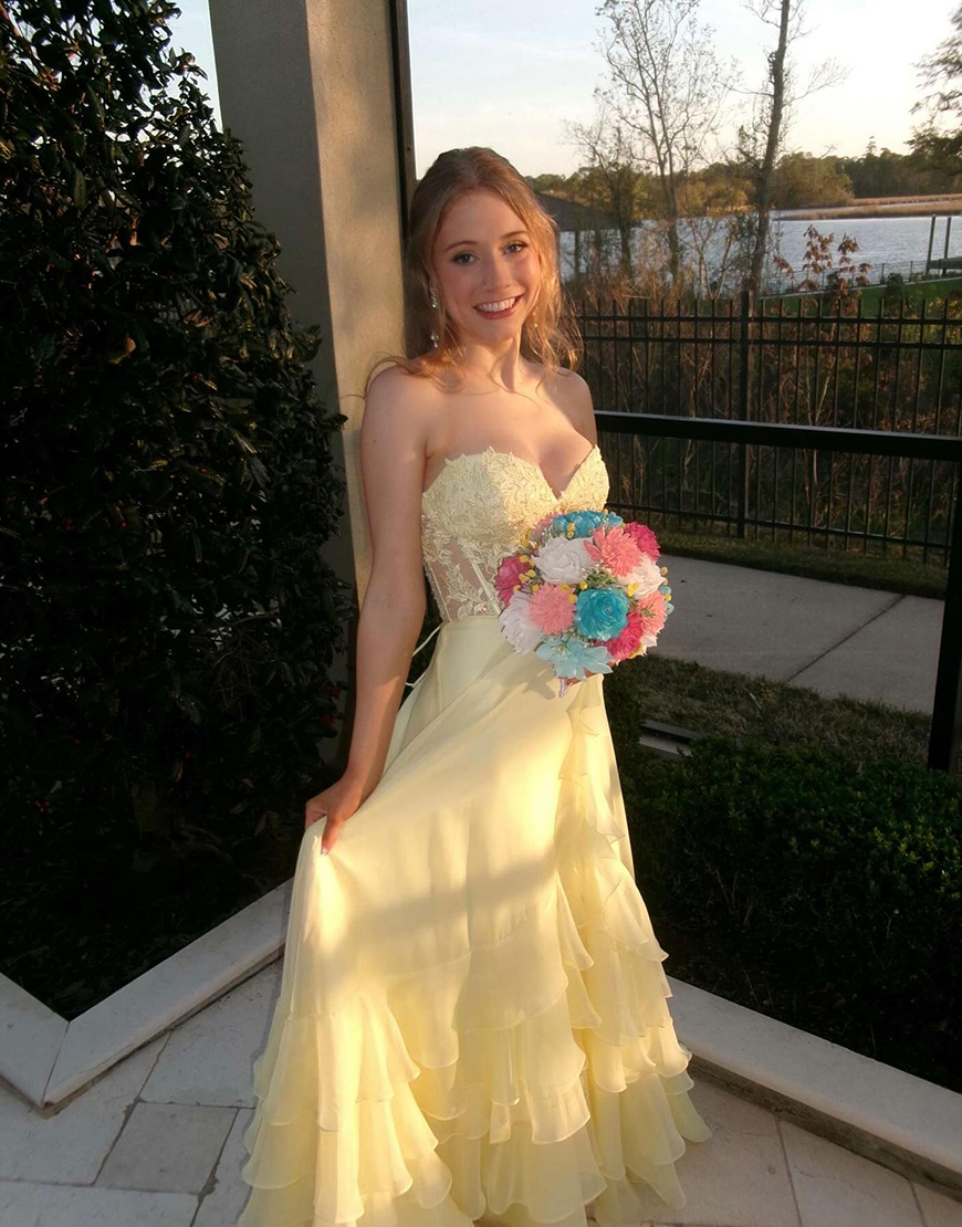 Yellow Sweetheart Corset Tiered Chiffon Long Prom Dress with Ruffles