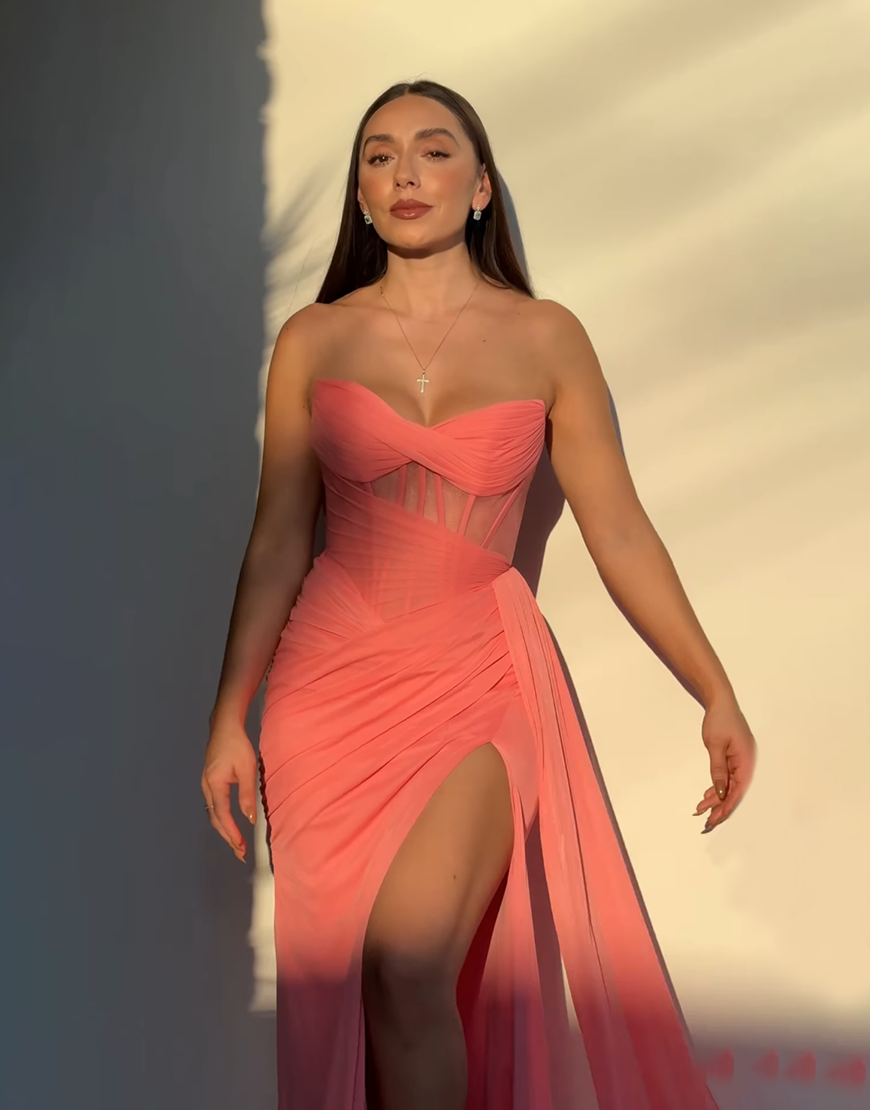 Coral Chiffon Mermaid Strapless Corset Long Prom Dress with Side Cape