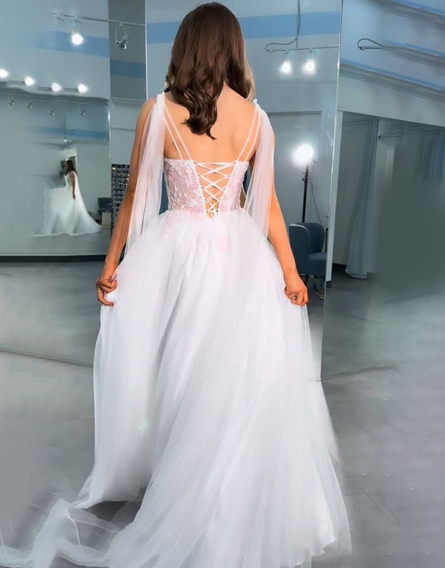 Sparkly White Floral V-Neck A Line Long Prom Dress with Slit