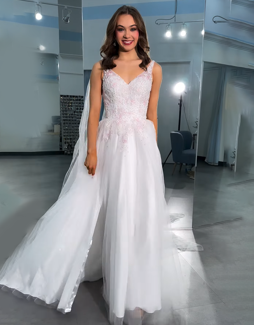 Sparkly White Floral V-Neck A Line Long Prom Dress with Slit