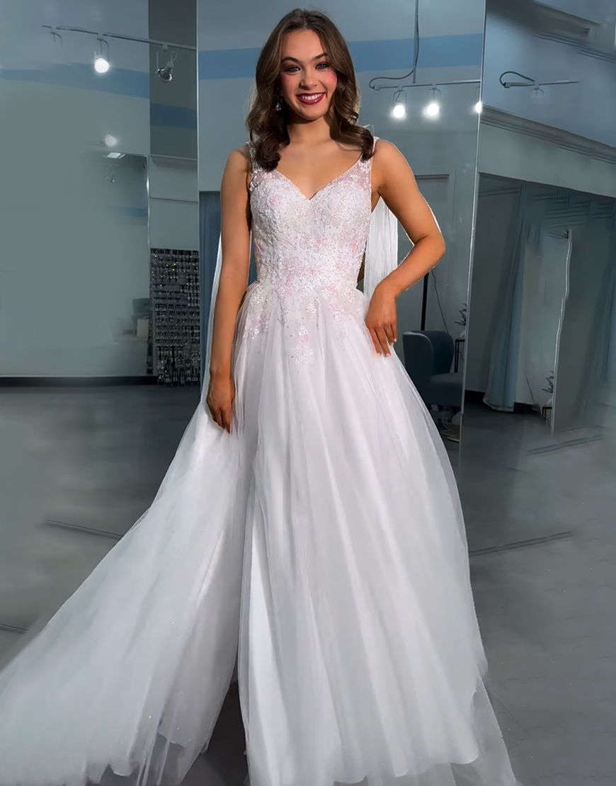 Sparkly White Floral V-Neck A Line Long Prom Dress with Slit