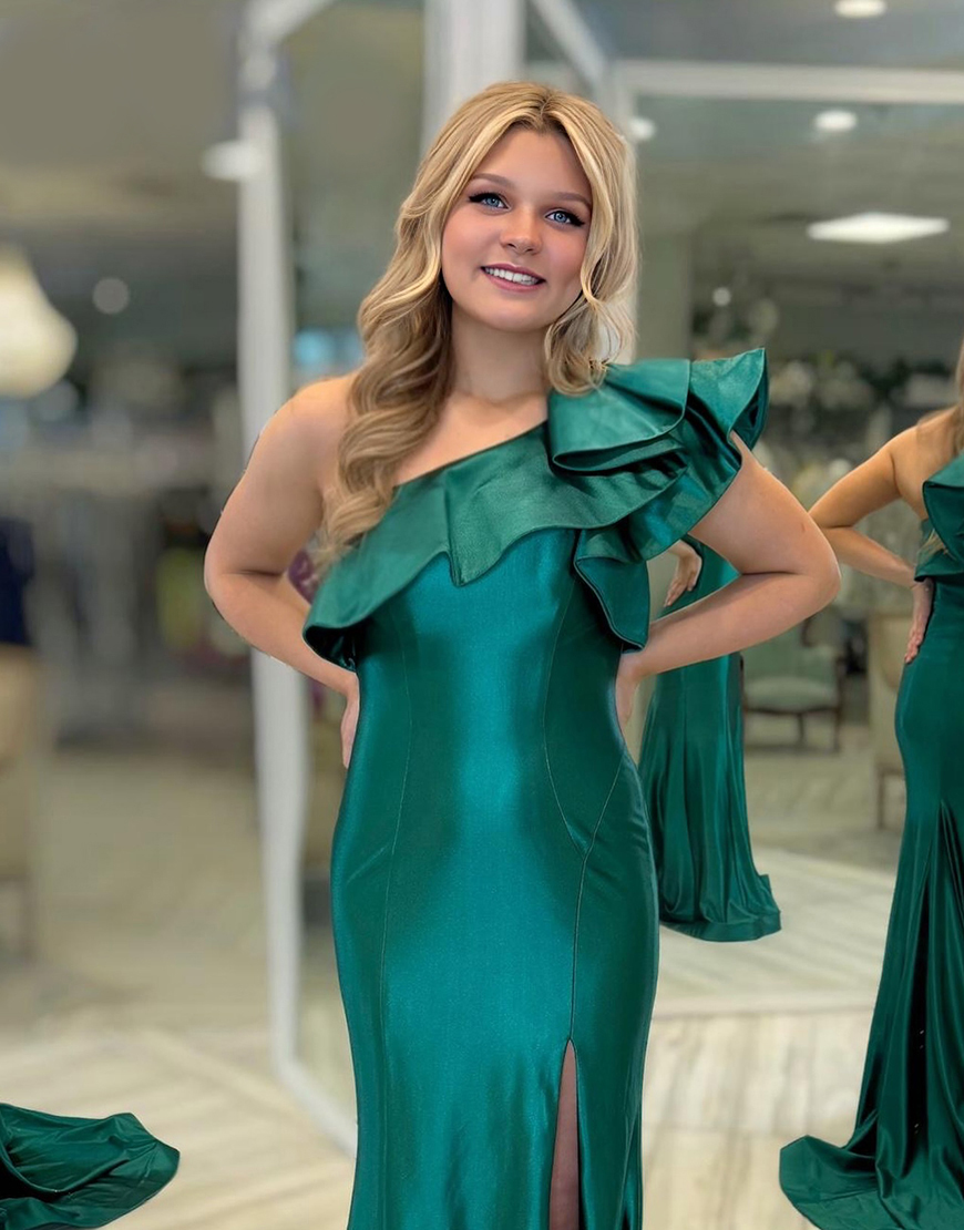 Satin Royal Blue One Shoulder Ruffled Mermaid Long Prom Dress with Slit