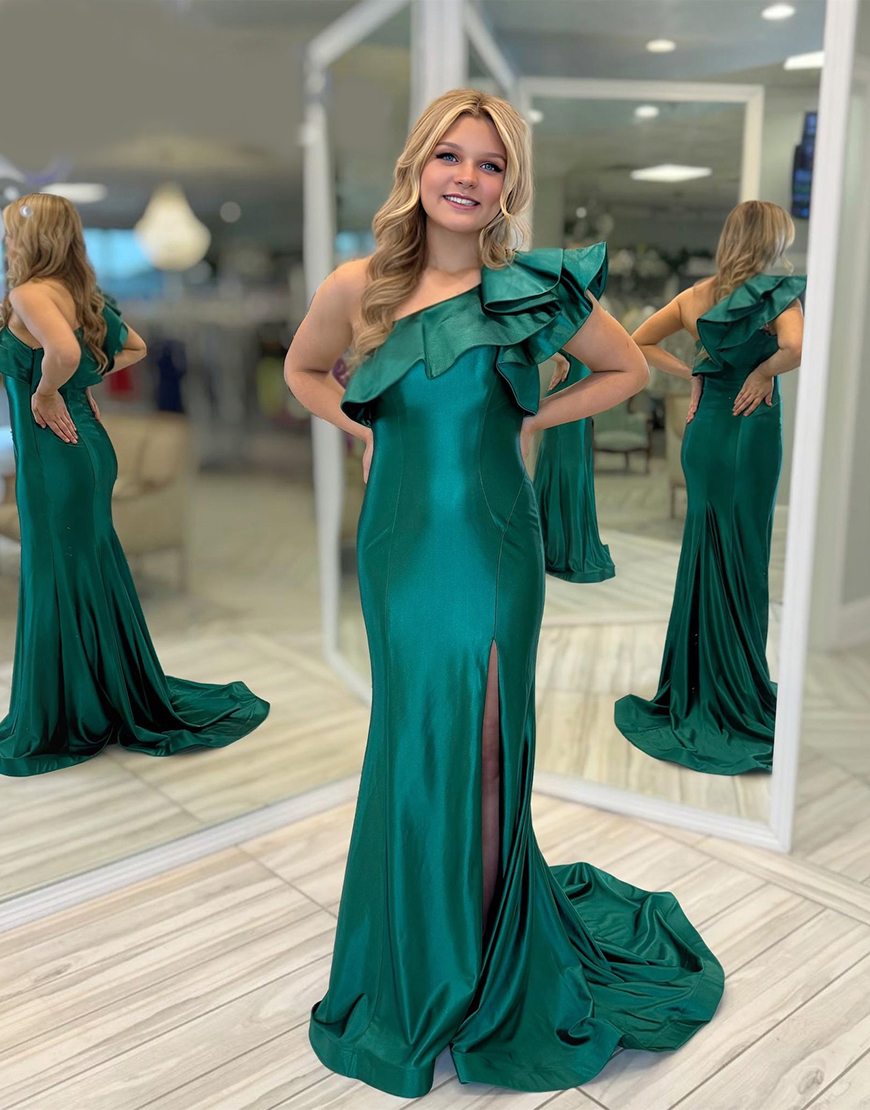 Satin Royal Blue One Shoulder Ruffled Mermaid Long Prom Dress with Slit