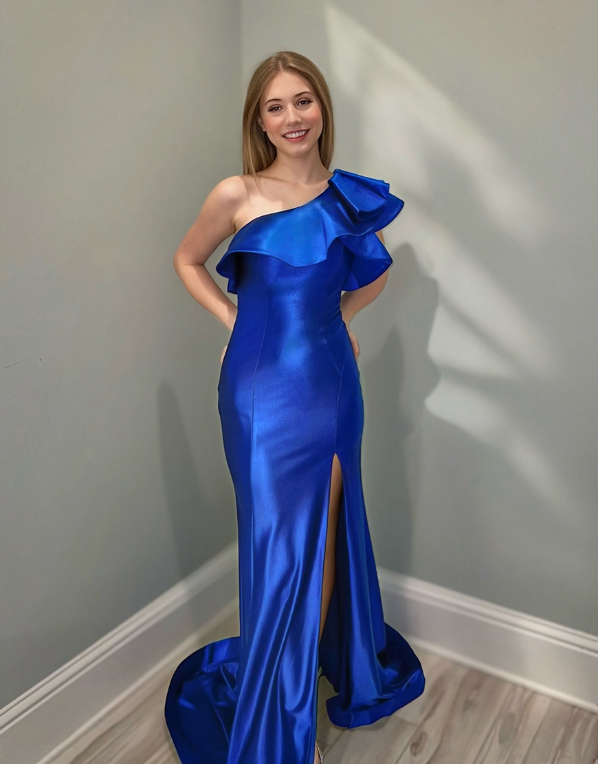 Satin Royal Blue One Shoulder Ruffled Mermaid Long Prom Dress with Slit