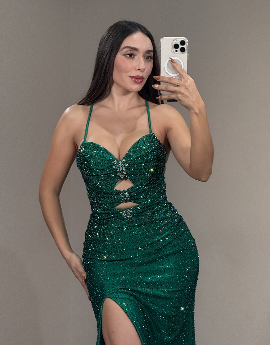 Sparkly Emerald Green Satin Beaded Mermaid Long Prom Dress with Slit