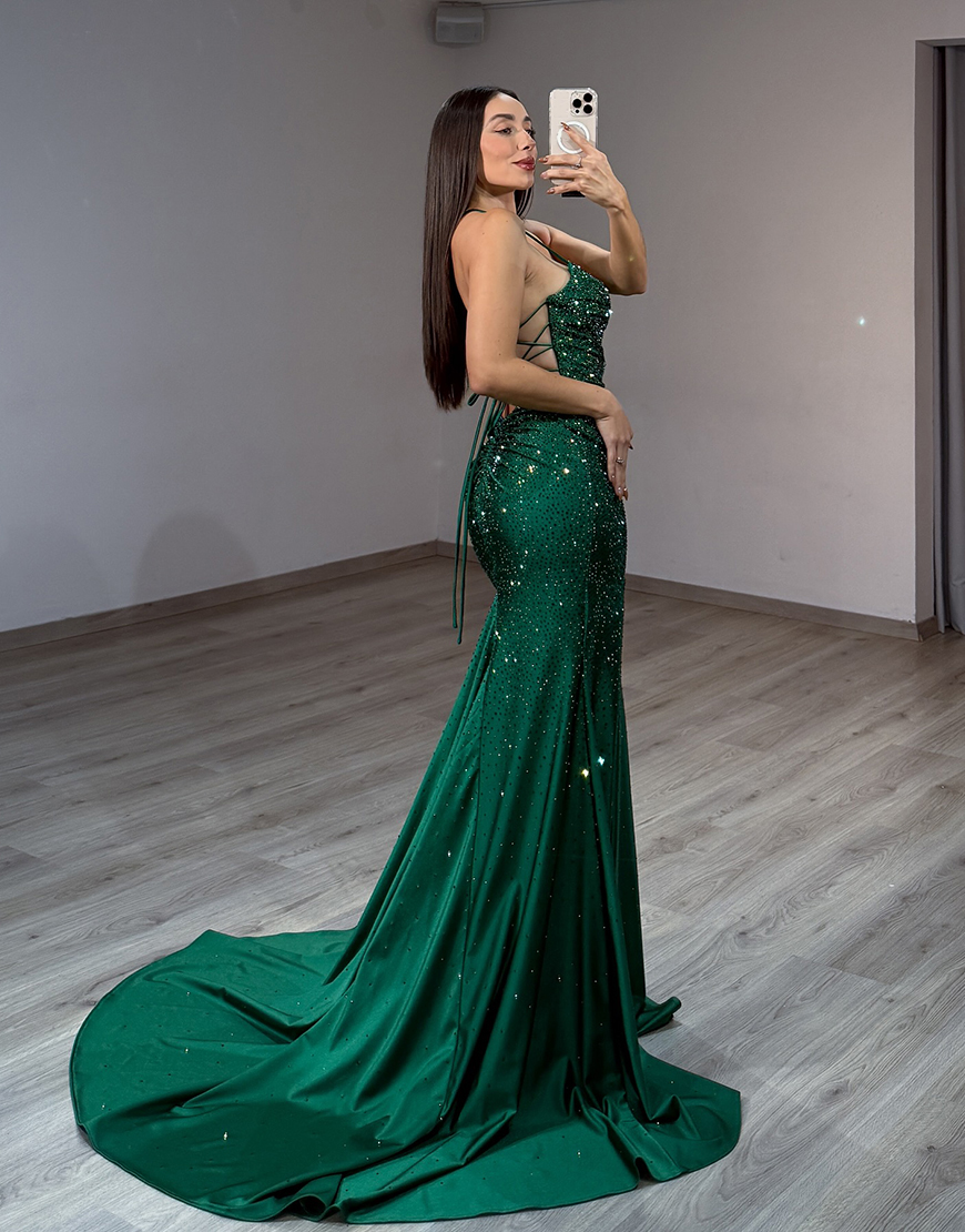 Sparkly Emerald Green Satin Beaded Mermaid Long Prom Dress with Slit