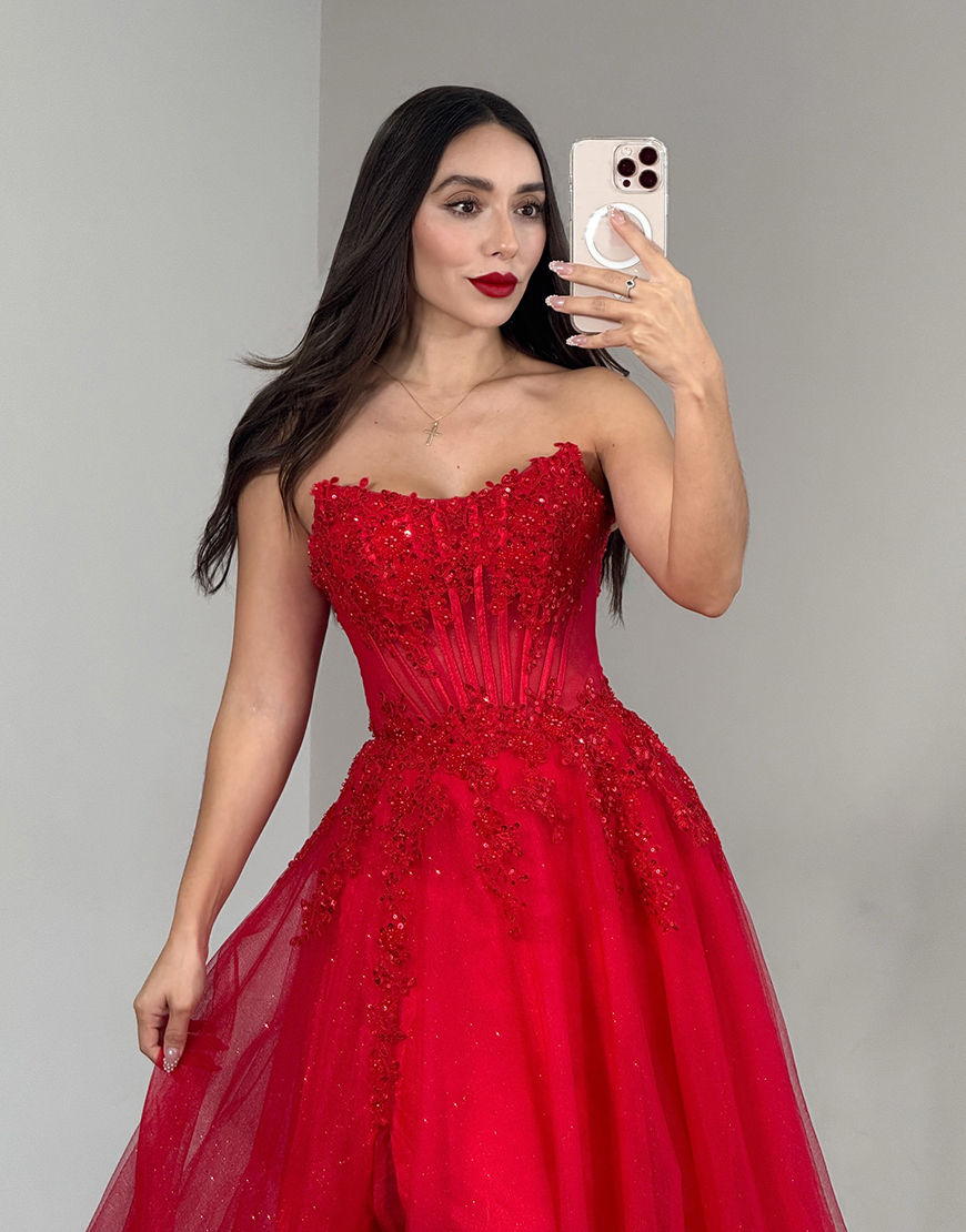 Sparkly Red Strapless Corset Beaded Ball Gown Long Prom Dress with Slit