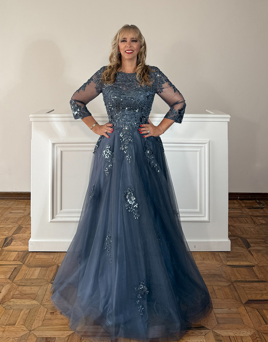 Sparkly Grey Blue Floral A Line Organza Long Mother of the Bride Dress with Lace