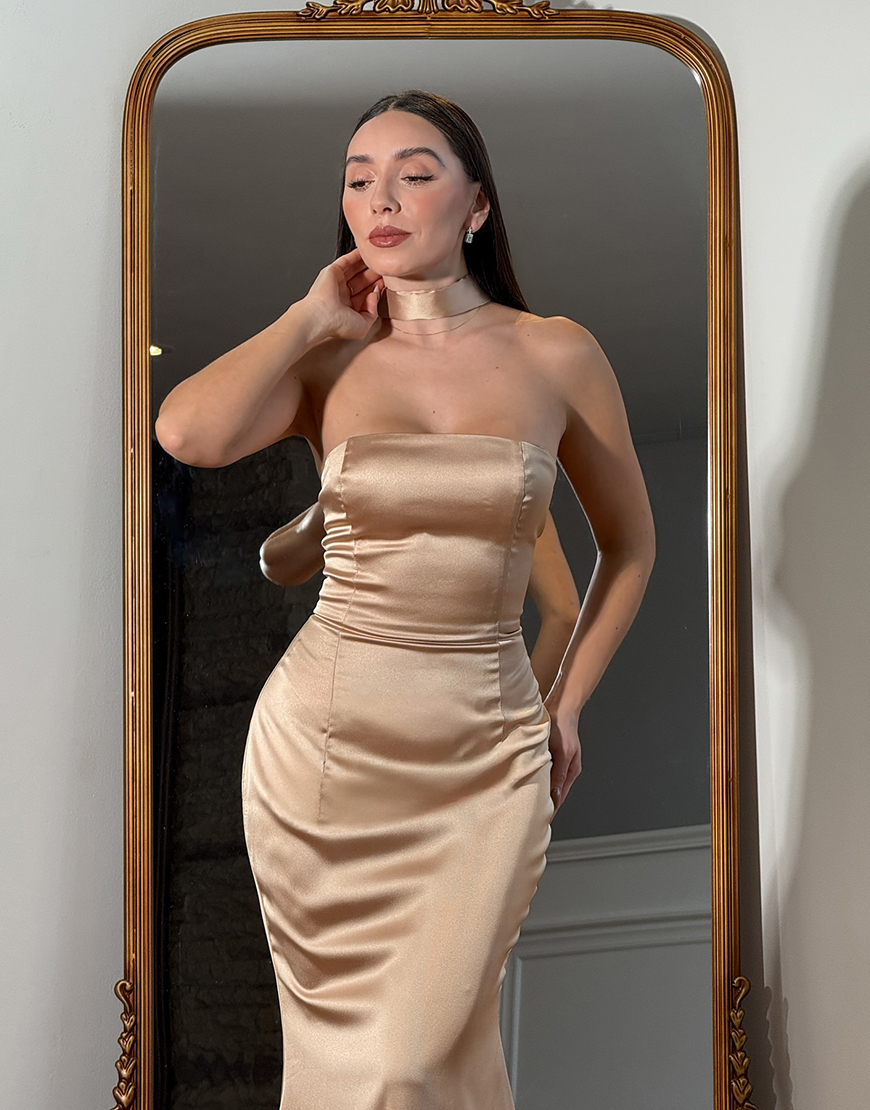 Elegant Champagne Strapless Satin Mermaid Long Prom Dress