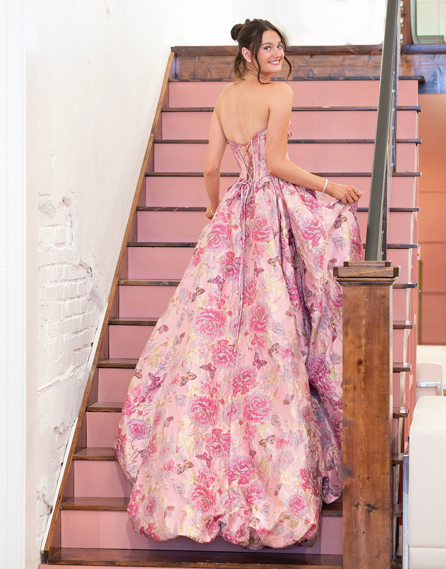 Pink Floral Corset Jacquard Ball Gown Strapless Long Prom Dress