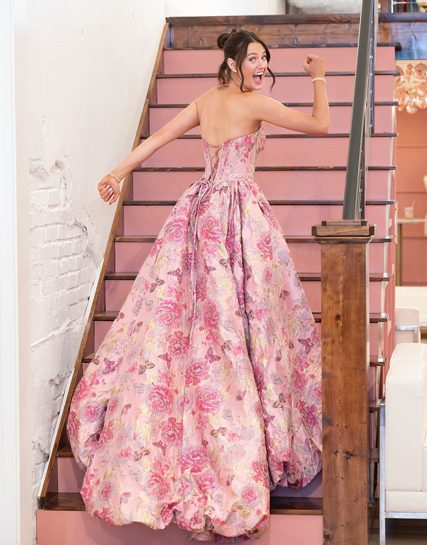 Pink Floral Corset Jacquard Ball Gown Strapless Long Prom Dress