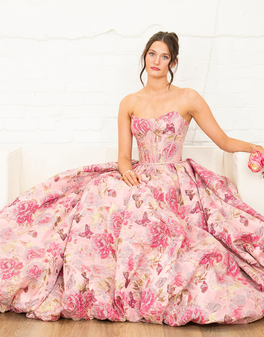 Pink Floral Corset Jacquard Ball Gown Strapless Long Prom Dress