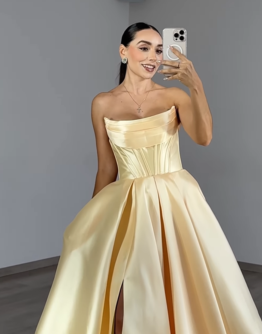 Yellow Satin Corset Ball Gown Strapless Long Prom Dress with Slit