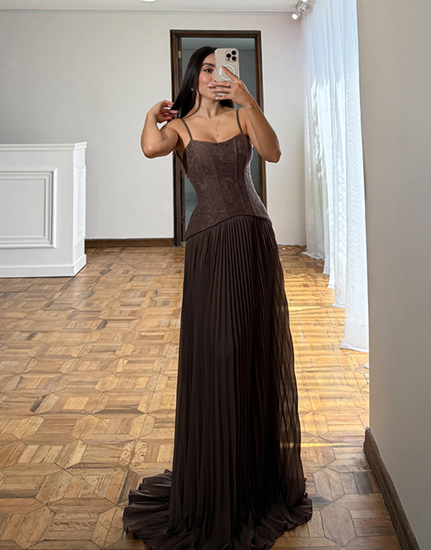 Brown Lace Corset Spaghetti Straps Pleated A Line Long Prom Dress