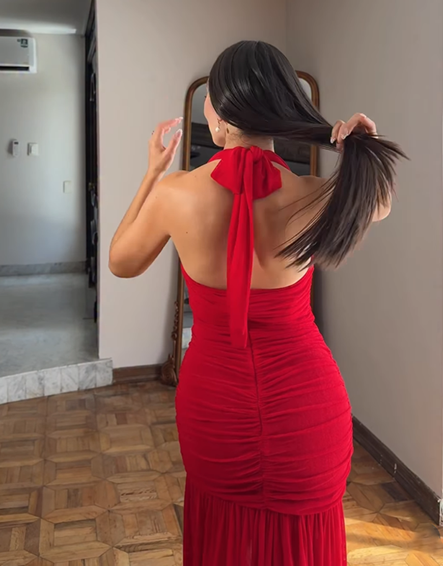 Red Mermaid Halter Chiffon Pleated Long Prom Dress with Slit