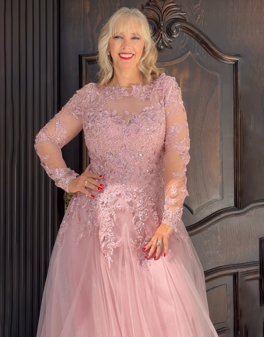 Sparkly Blush Tulle A Line Beaded Long Mother of the Bride Dress with Lace