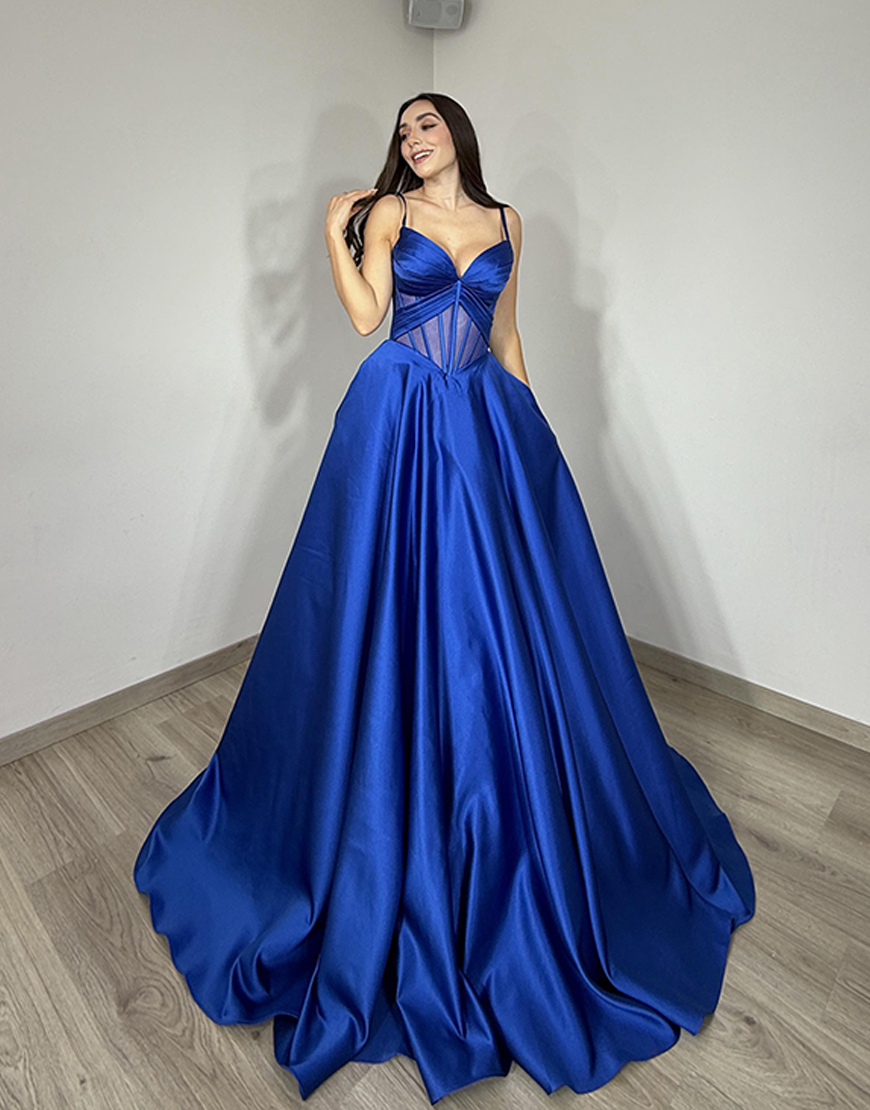 Royal Blue Corset Satin Ball Gown Spaghetti Straps Long Prom Dress