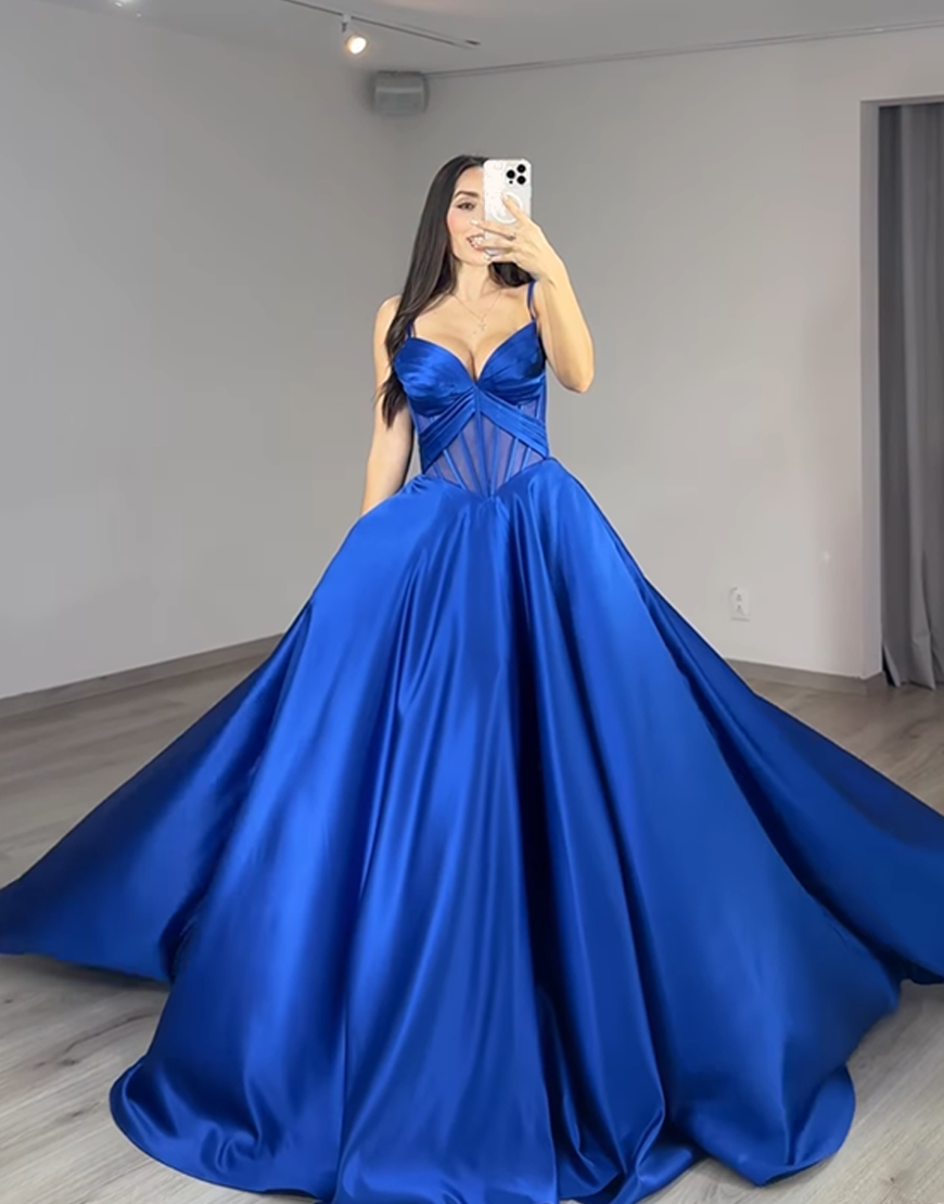 Royal Blue Corset Satin Ball Gown Spaghetti Straps Long Prom Dress