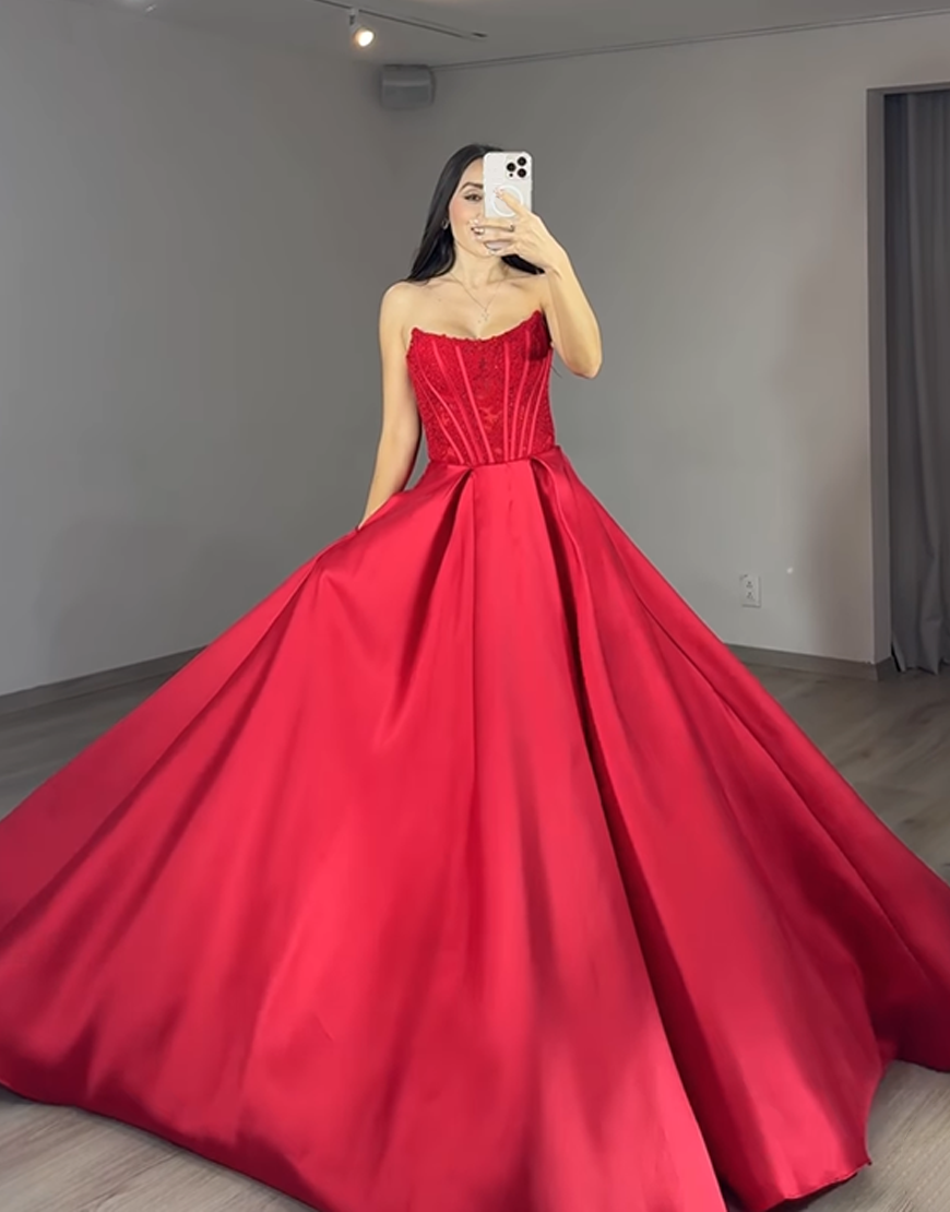 Red Ball Gown Corset Satin Strapless Long Prom Dress