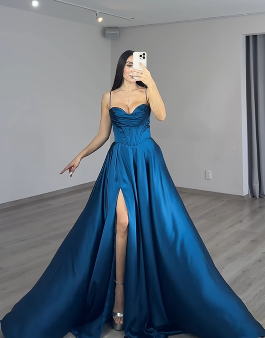 Dark Blue Corset Ball Gown Satin Long Prom Dress with Slit