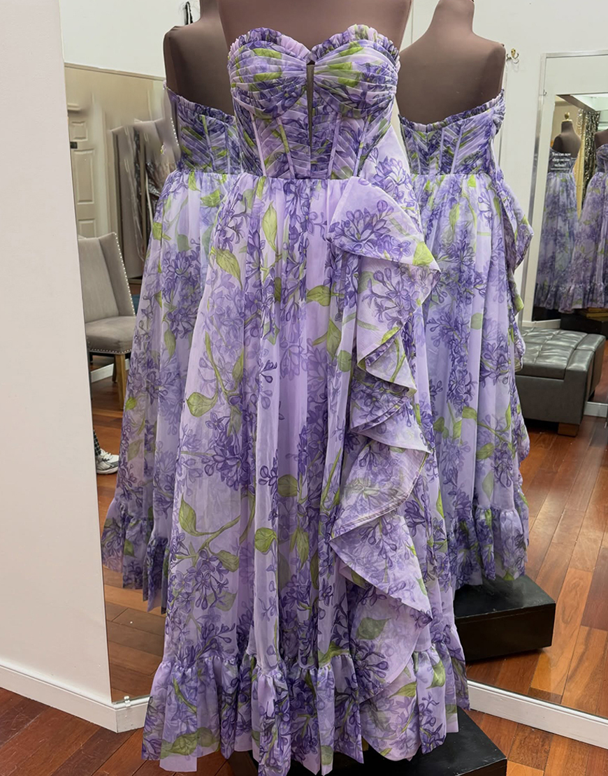 Purple Floral Corset Strapless Long Prom Dress with Ruffles