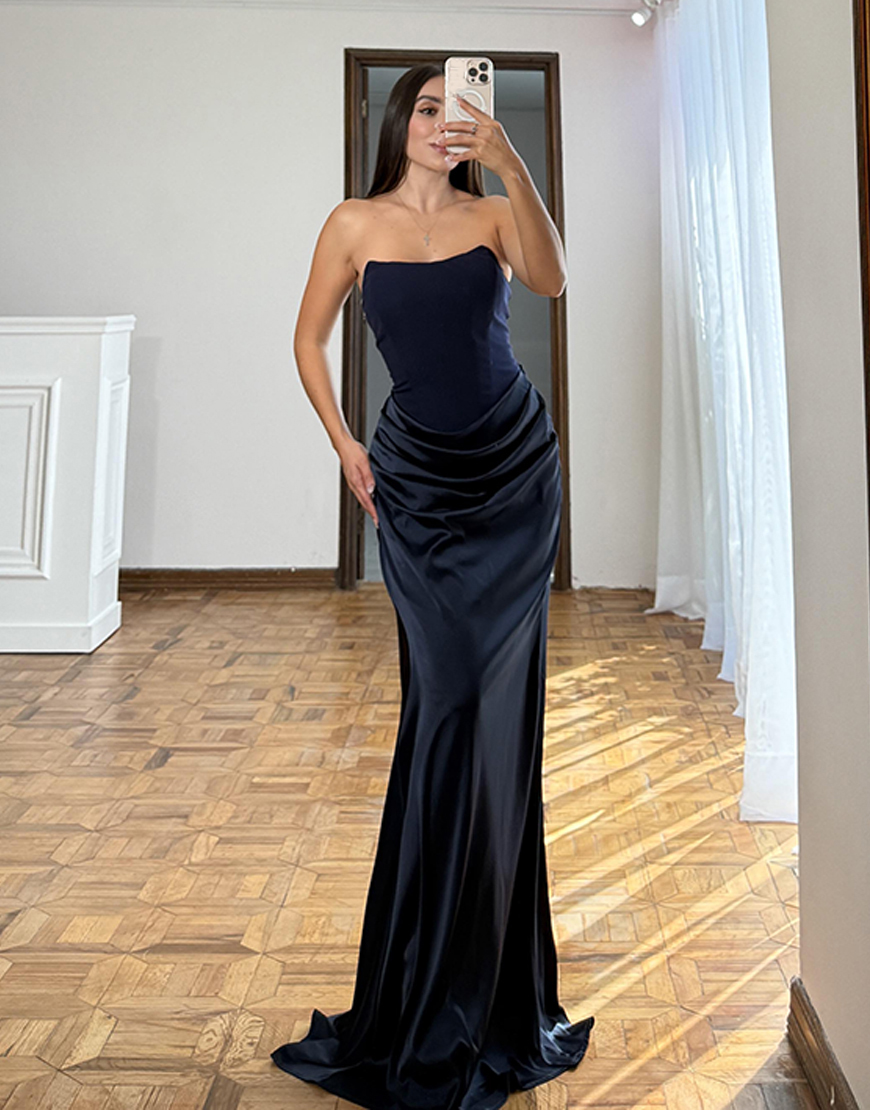 Elegant Navy Corset Mermaid Satin Strapless Ruched Long Prom Dress